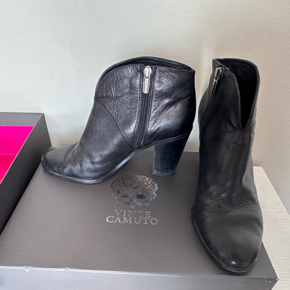 Black leather heeled booties by Vince Camuto, size 8.